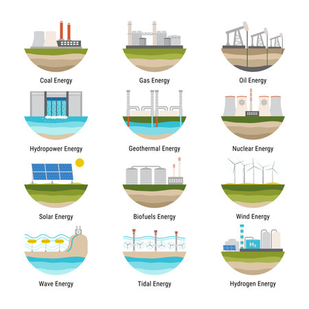Set of electricity generation source type icons. Nonrenewable energy sources like oil, gas, coal, nuclear. Renewable energy sources like hydropower, solar, wind and geothermal. flat vectorのイラスト素材