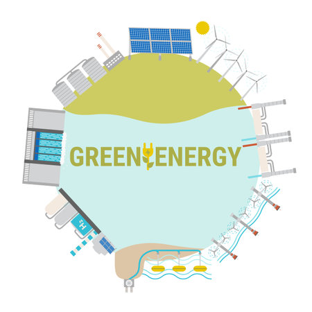 Ecological concept of energy production by green source in circle. Renewable and sustainable energy...