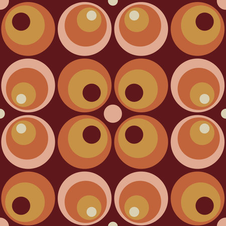 70s seamless pattern. Retro circle geometric seamless background in seventies style. Groovy scrapbook paper. Yellow, orange, brown, pink vintage colors vector patternのイラスト素材