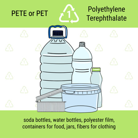 Infographic of recycling code for PET plastic. Polyethylene terephthalate is polymer resin for...