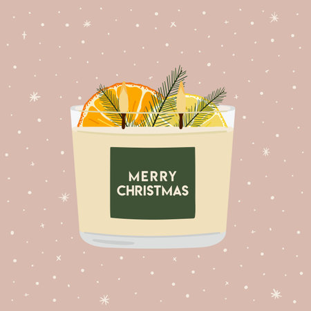 Merry Christmas greeting card with scented soy wax candle with dried oranges, winter greenery. New Year, Merry and Bright Christmas posters, invitation. Zero waste eco gifts. hand drawn vectorのイラスト素材