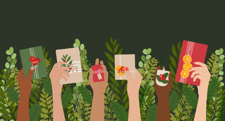 Different female hands hold Christmas gift boxes on winter greenery background. Merry Christmas banner, posters, invitation. Zero waste eco gifts. hand drawn vectorのイラスト素材