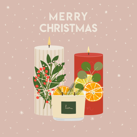Merry Christmas greeting card with scented soy, paraffin wax candles with dried oranges, winter greenery. New Year, Merry Christmas posters, invitation. Zero waste eco gifts. hand drawn vectorのイラスト素材