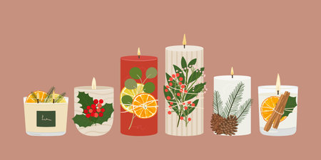 Set of Christmas scented soy, paraffin wax candles with dried oranges, cinnamon, winter greenery, berries in glass and container. Aroma candles collection. Zero waste eco gifts. hand drawn vectorのイラスト素材