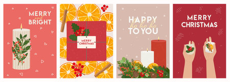 Set of Merry Christmas greeting cards with candles, hands, gifts, greenery and lettering wishes. New Year, Christmas templates, invitations. Zero waste eco gifts. hand drawn vector illustration.のイラスト素材