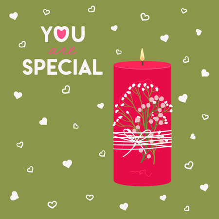 Valentine s day square greeting card with candle, greenery and lettering wishes. You are special. Happy Valentine's day posters, invitation. Zero waste eco gifts. hand drawn vector illustration.のイラスト素材