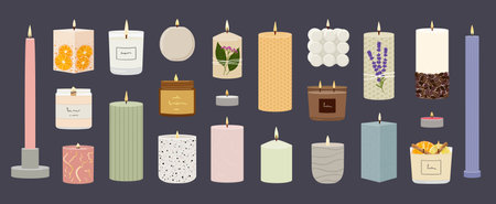 Set of scented burning candles. Beeswax, paraffin, soy, coconut wax candles in jar, containers and pillar. Aroma SPA candles collection. Zero waste eco gifts. hand draw vector illustrationのイラスト素材