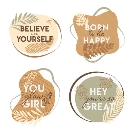 Boho colors lettering with flowers and leaves. Believe in yourself, born to be happy, you glow girl, hey you are so grate quote. hand draw vector illustrationのイラスト素材