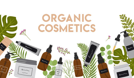 Vertical banner with organic cosmetic products in bottles, jars, tubes for skin care with greenery. Cleanser, tonner, serum, oil, cream product. hand draw vector illustrationのイラスト素材
