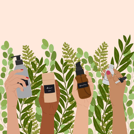 Female hands hold natural organic cosmetic products in bottles, jars for skin care with leaves background. Cleanser, tonner, serum, oil, cream product. hand draw vector illustrationのイラスト素材