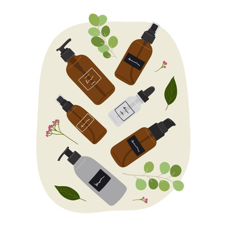 Composition with organic cosmetic products in bottles, jars for skin care with abstract shape and greenery. Cleanser, tonner, serum, oil, cream product. Hand drawn vector illustrationのイラスト素材