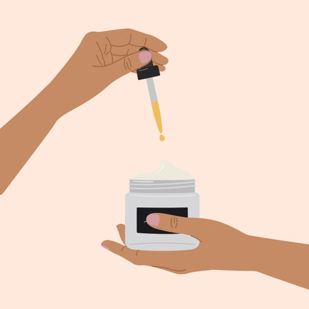 Female hand holds pipette for skincare with oil serum bottle and cream. Hand drawn vector illustrationのイラスト素材