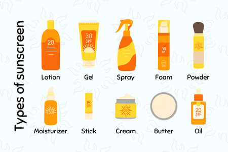 Type of sunscreen cosmetic product infographic. How to choose and apply sunscreen. Lotion, cream, spray SPF protection and sun safety concept. hand drawn vector illustrationのイラスト素材