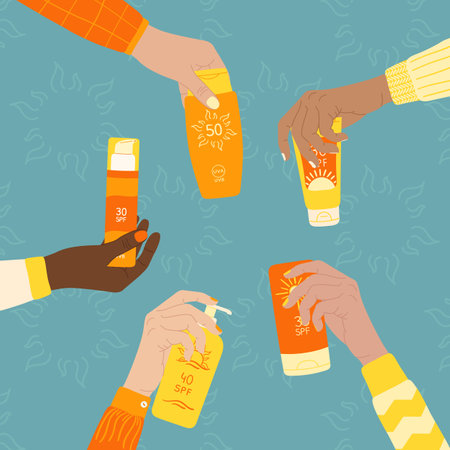Diverse female hands hold sunscreen products. SPF protection and sun safety concept. Set of sunscreen bottle, cream, lotion. Hand drawn vector illustration on sun turquoise square backgroundのイラスト素材