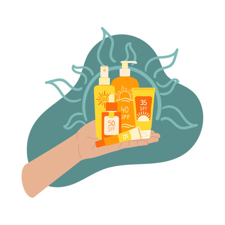 Composition of female hand holds sunscreen lotion, cream, spray with sun and abstract shape. SPF protection and sun safety concept. Anti UV protection products. hand drawn vector illustrationのイラスト素材