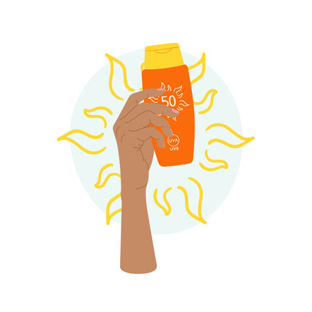 Composition of female hand holds sunscreen cream with sun and abstract shape. SPF protection and sun safety concept. Anti UV protection and solar skincare products. hand drawn vector illustrationのイラスト素材