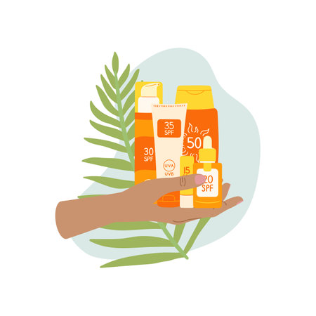 Composition of female hand holds sunscreen lotion, cream, spray with palm leaf and abstract shape. SPF protection and sun safety concept. Anti UV protection products. hand drawn vector illustrationのイラスト素材