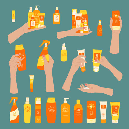 Set of female hands hold sunscreen products. SPF protection and sun safety concept. SPF sunblock summer products lotion, cream, spray, stick. Hand drawn vector illustration on blue backgroundのイラスト素材