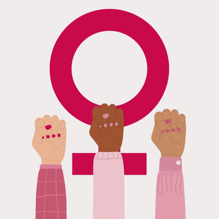 Feminism symbol poster. Diverse female raised fists with a Venus symbol. Women's liberation movement. Girl power, fight for equality, feminism, sisterhood concept. Hand drawn vector illustration.のイラスト素材