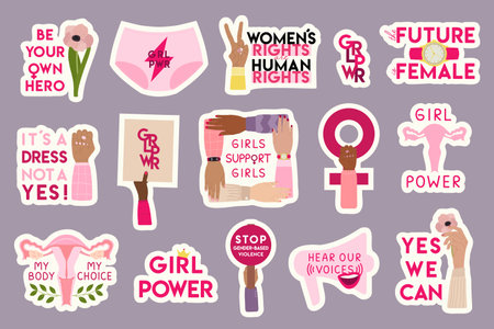 Set of female movement feminist stickers, short quotes. girl power lettering. Woman empowerment, fight for gender equality, feminism and sisterhood concept. hand drawn vector illustration.のイラスト素材