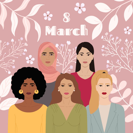 International Women's Day, 8 March. Group of diverse female characters stand together. Woman empowerment, girl power, feminism and sisterhood concept. hand drawn vector illustration.のイラスト素材