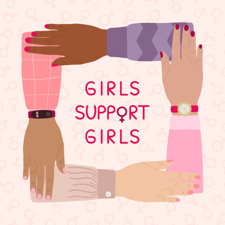 girls support girls poster. Female hands stacking together. Woman empowerment, girl power, fight for gender equality, feminism and sisterhood concept. hand drawn vector illustration.のイラスト素材