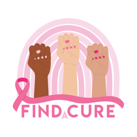 Breast Cancer Awareness Month. Pink cancer ribbon on raised diverse fists and rainbow. Find a cure phrase. Cancer prevention and women health care poster. Hand drawn vector illustration.のイラスト素材