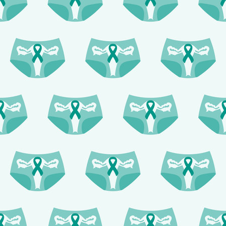 Seamless pattern with teal cancer ribbon and panties. Ovarian and Cervical Cancer Awareness Month teal background. Cancer ribbon symbol. Cancer prevention, women health vector illustrationのイラスト素材