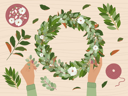 Brown female hands making wedding wreath at floral workshop with eco-friendly materials. Magnolia, eucalyptus, bay leaves and anemone flowers. Florist at work. Hand drawn vector illustrationのイラスト素材
