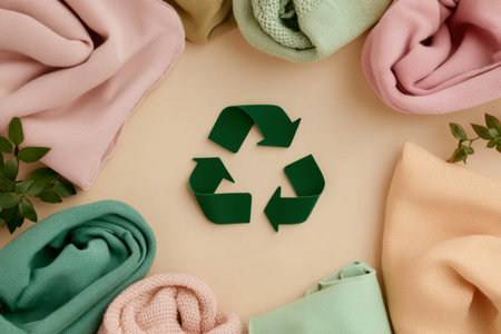 Pastel cotton fabrics arranged with a recycling sign on neutral beige. Flat lay composition highlights sustainable textiles and gentle color palette, top view.の素材