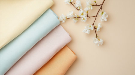 Flat lay of multicolored cotton fabrics and flowers on pastel beige surface. Top view highlights natural fibers and gentle, sustainable aesthetic.の素材