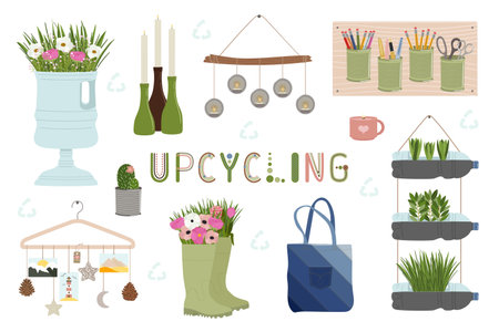 Set of upcycling elements. Handmade and DIY secondary use. Ecological, reasonable consumption and sustainable life concept. Hand drawn vector illustration.のイラスト素材