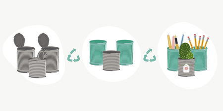Scheme of upcycling elements. How to upcycle Steel can. Handmade and DIY secondary use. Ecological, reasonable consumption and sustainable life concept. Hand drawn vector illustration.のイラスト素材