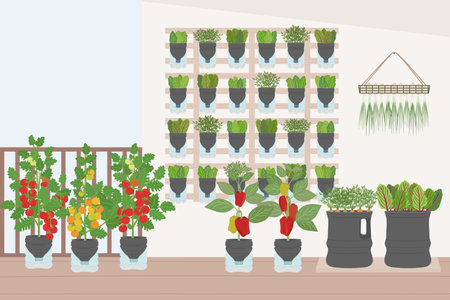 Illustration of balcony with self-watering plastic bottle planters with vegetables and greens at home. DIY secondary use. Vertical garden, urban farming concept. Hand-drawn vector illustration.のイラスト素材