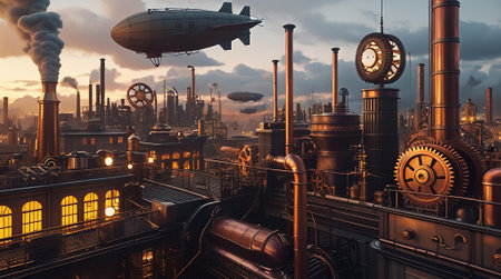 A detailed steampunk cityscape with airships, gears, pipes, and industrial machinery glowing in warm light. Retro-futuristic architecture with dramatic atmosphere.の素材