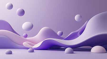 Minimal purple 3D abstract background with smooth flowing waves and floating spheres. Modern pastel design ideal for branding, UI, posters, and presentations.の素材