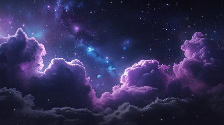 Dreamy purple galaxy clouds under a starry night sky with cosmic glow. Fantasy space background ideal for wallpapers, book covers, meditation, sci-fi and creative designs.の素材