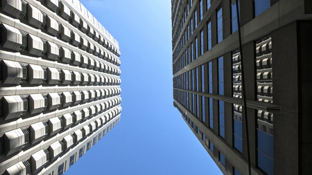 This is an image of two buildings looking up located in San Francisco's financial district.の写真素材