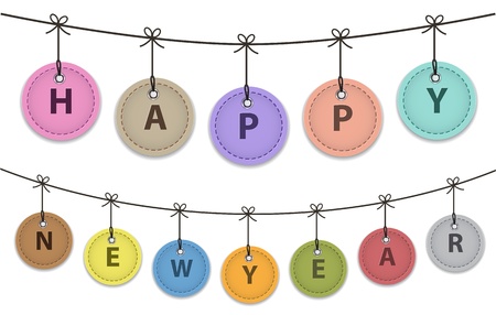 Hanging colorful leather labels with Happy New Year words illustrationのイラスト素材