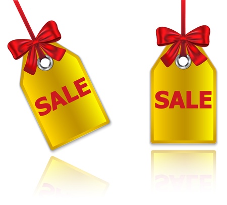 Holiday price tags tied with red bow with the word sale. Shopping labels with reflections. Vector illustrationのイラスト素材
