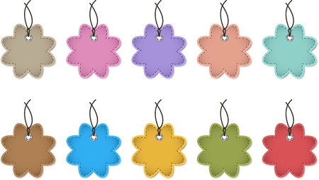 Colorful leather labels in the shape of flowers hanging like Christmas baubles  Price tags  Vectorのイラスト素材