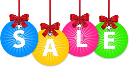 Colorful shiny Christmas balls tied with red bow and with the word sale  New year shopping labels  Vectorのイラスト素材