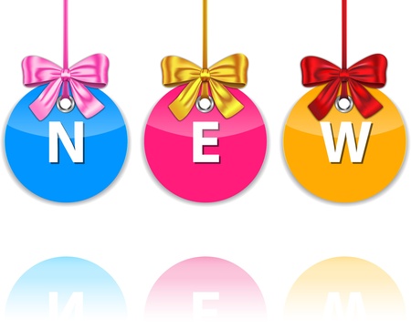 Colorful glossy icons tied with bow and with the word new. Holiday labels for commerce. Vectorのイラスト素材