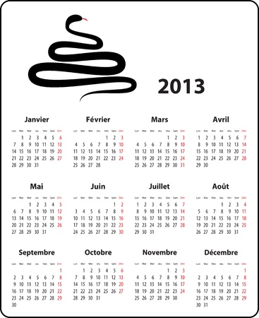 Calendar for 2013 year in French with the snake. Mondays first. Vector illustrationのイラスト素材