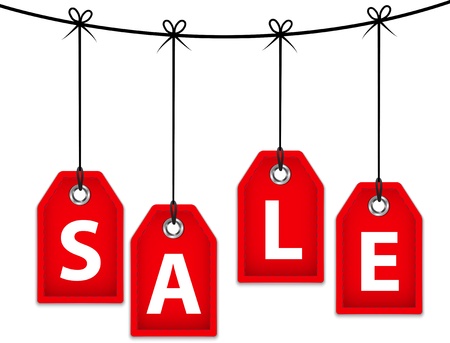 Red sale icons made of leather. Shopping labels tied with bows. Vectorのイラスト素材