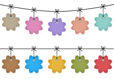 Colorful leather labels in the shape of flowers hanging like Christmas baubles  Price tags  Vectorのイラスト素材