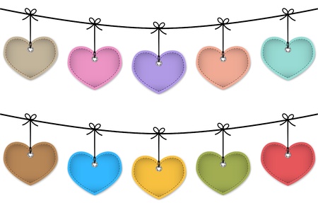 Colorful leather labels in the shape of hearts hanging like Christmas baubles. Price tags. Vectorのイラスト素材