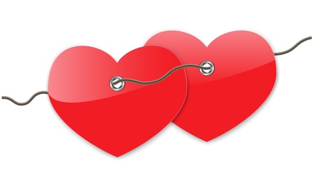 Pair of red glossy hearts connected with a string. Vector illustrationのイラスト素材