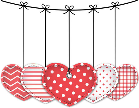 Valentine red textured hearts tied with bows hanging on white background.のイラスト素材
