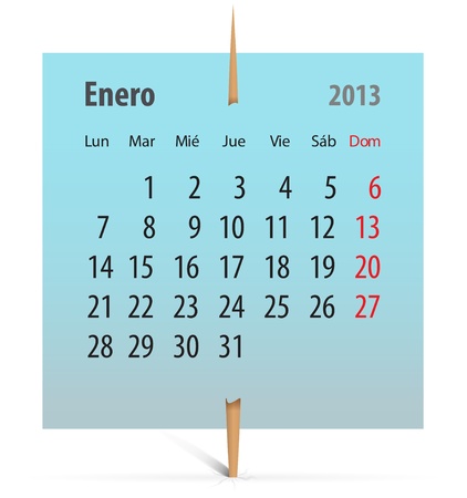 Calendar for January 2013 in Spanish on a sticker attached with toothpick. Vector illustrationのイラスト素材